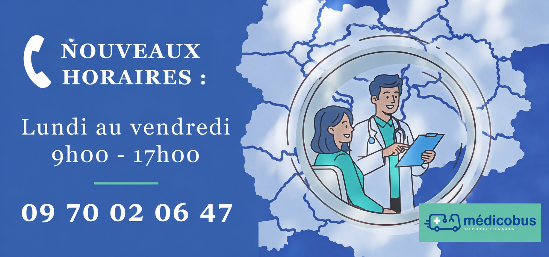 Médicobus – nouveaux horaires d’accueil téléphonique du lundi au vendredi de 9h à 17h