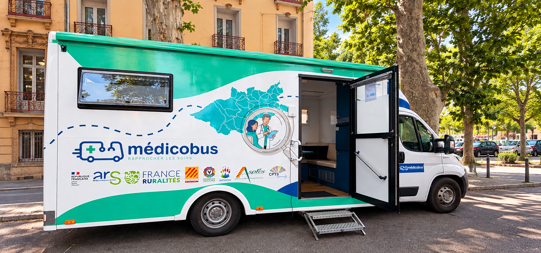 Médicobus de la CPTS Vallée du Tech, unité mobile de santé stationnée en ville
